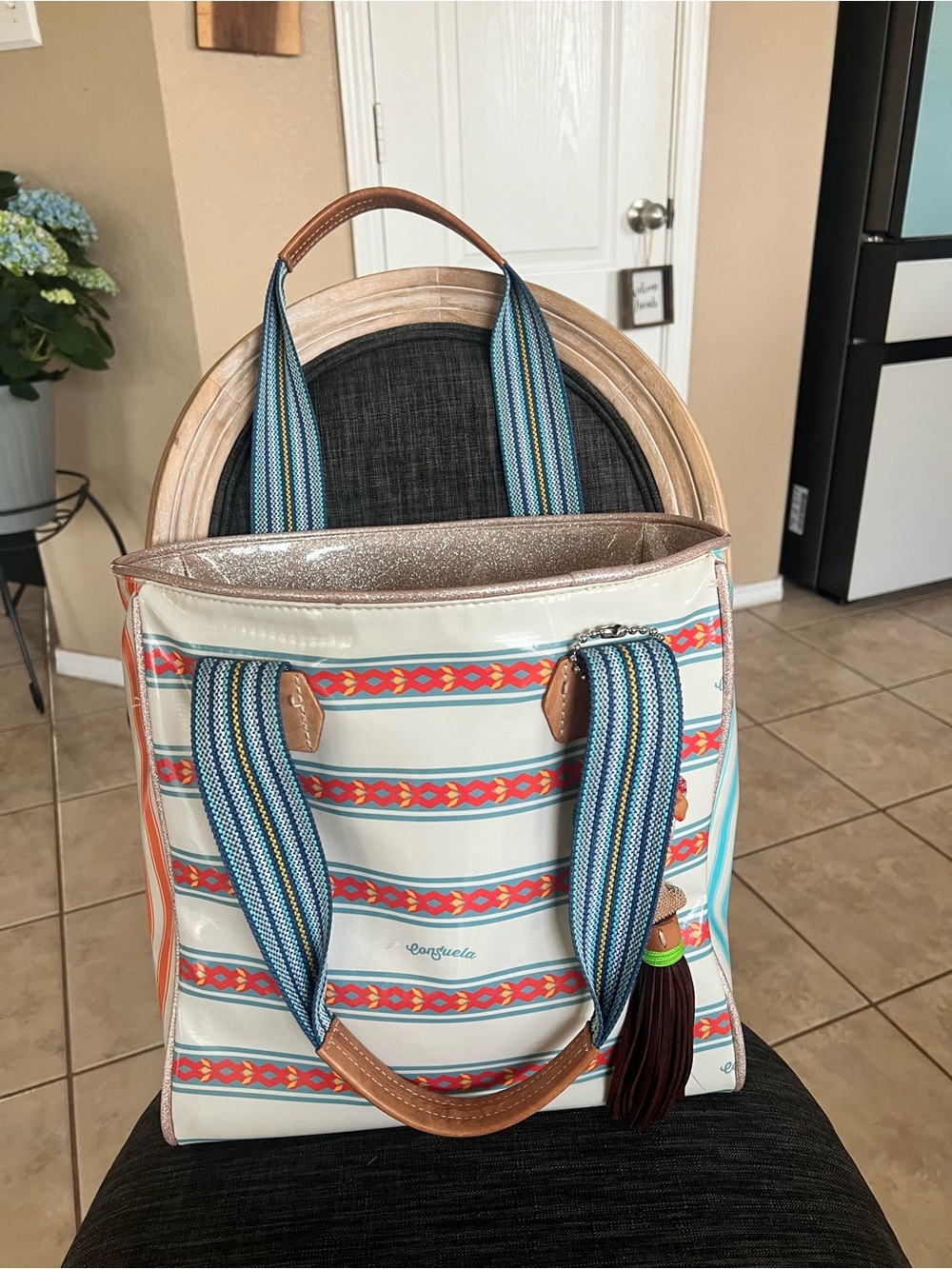 Consuela Striped Tote in White, Blue, Orange, Tan with Tassel Charm - Picture 2 of 5